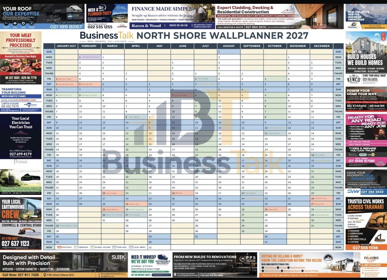 BusinessTalk North Shore 2027 wallplanner example with its surrounding local business adverts