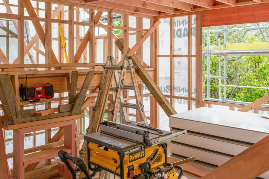 Timber framing inside a house under construction in Wellington